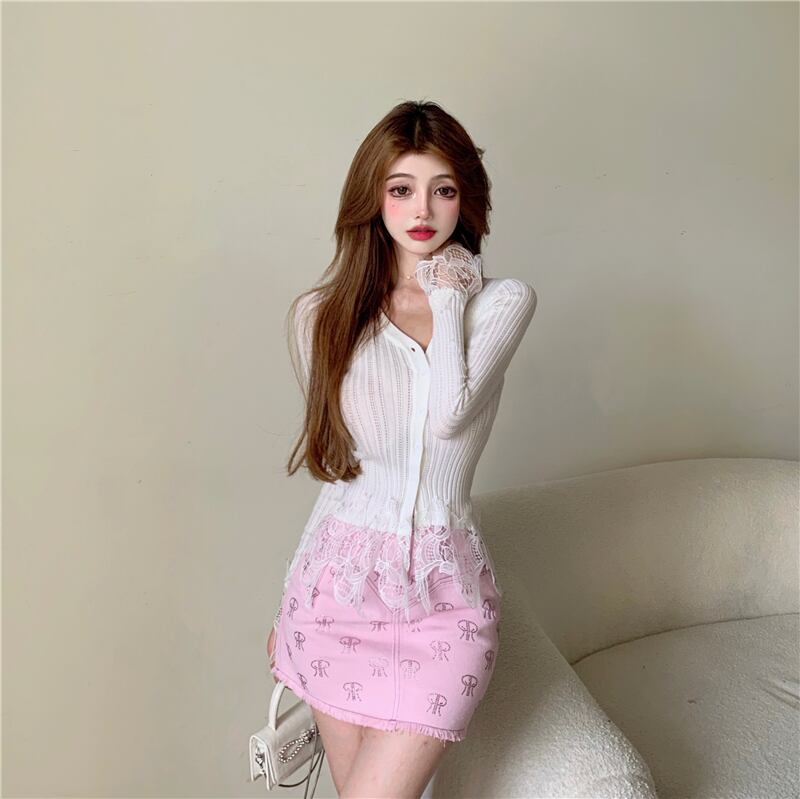 レースニットカーディガンジャケット サマー薄手ホワイトショートシャツ ロング 大人ガーリー スウィート キュート カジュアル 夏物 ブラックストロベリース25460802800