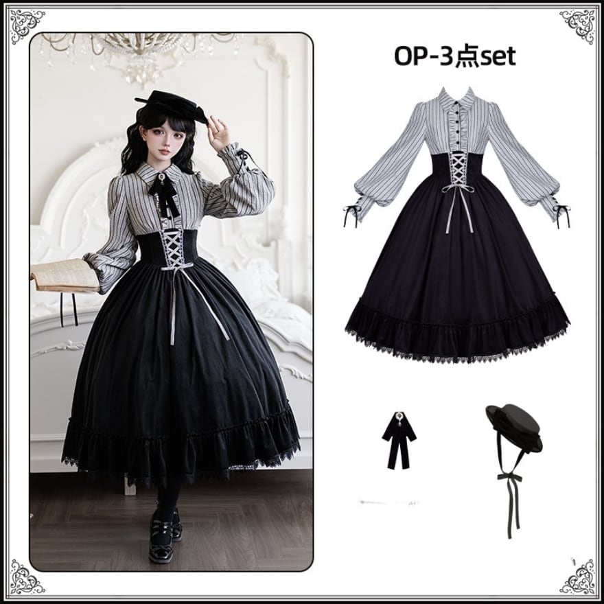 クラロリ 3点セット ストライプシャツ×コルセットOP 黒白モノトーン