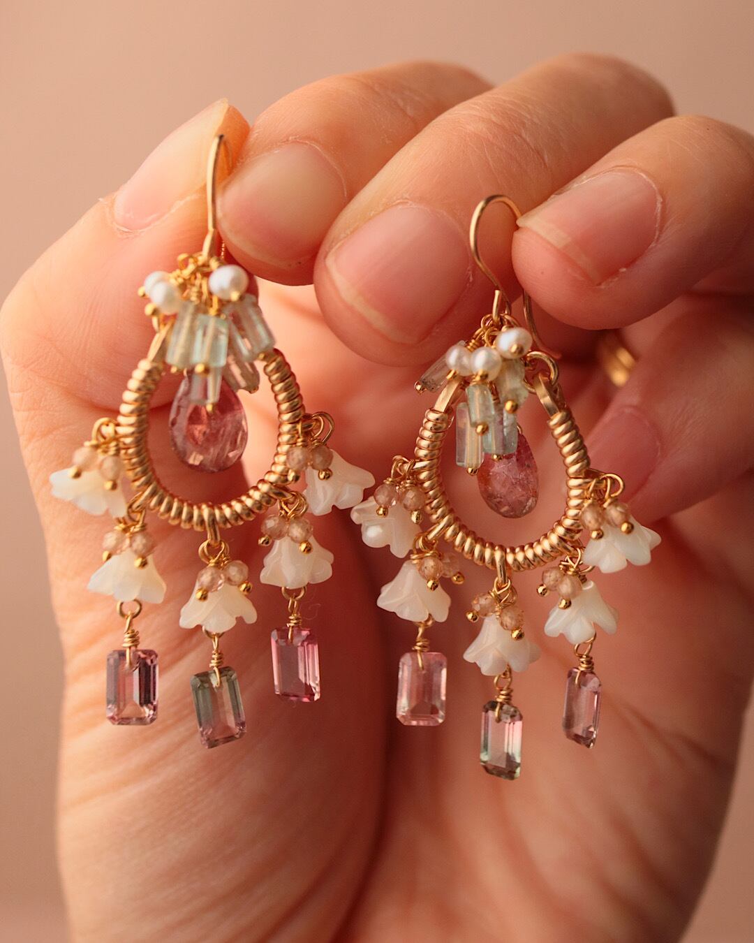 一点もの】バイカラートルマリンのミニシャンデリアピアス／イヤリング