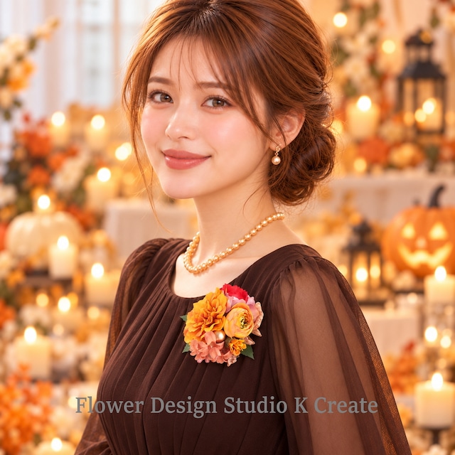 オレンジのマリーゴールドコサージュ | 結婚式 卒業式 入学式 発表会 演奏会 ハロウィン 2way髪飾り|紫陽花 薔薇