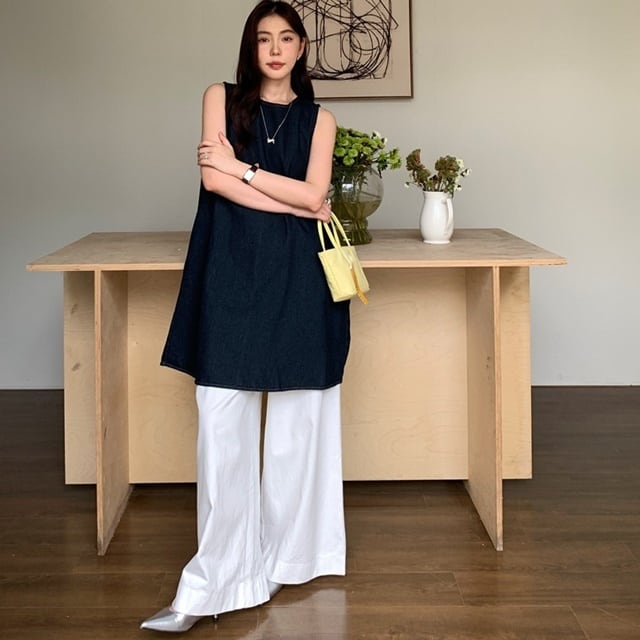 【予約販売】セットアップ レディース デニム ワンピース ワイドパンツ ホワイト 上下 オフィス カジュアル 体型カバー こなれ感 大人可愛い シンプル おしゃれ 韓国 通勤 旅行 バカンス 春 夏 秋 トレンド S/L