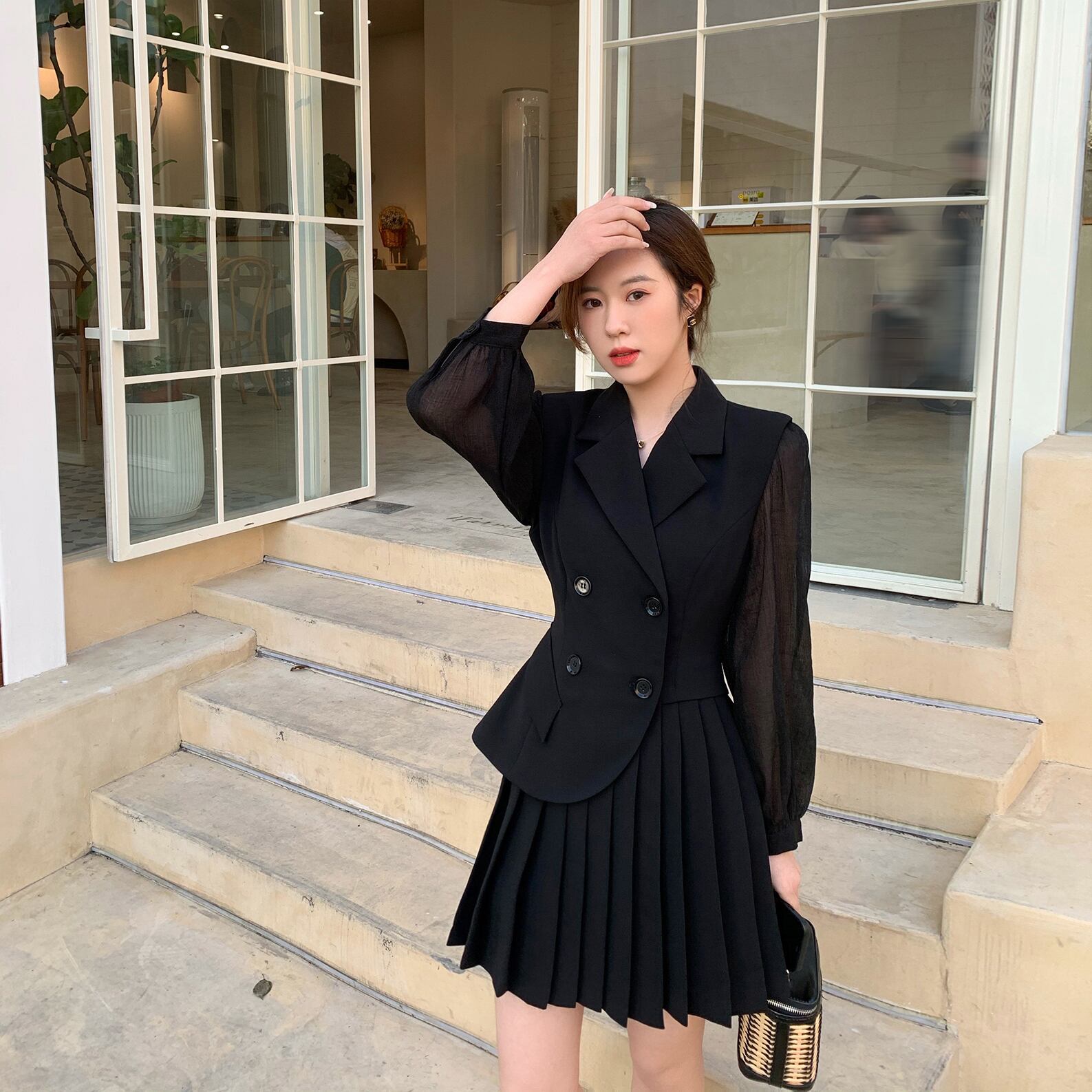 スプリングスタンダードレッドブラックプリーツスカート レトロ ストリート 春物 ステッチ 6Du_Shop_Women58839302124