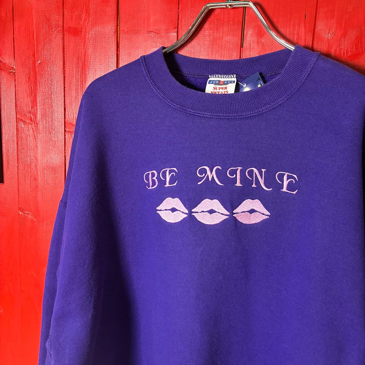 90s USA製 JERZEES 刺繍スウェット BE MINE キスマーク 紫