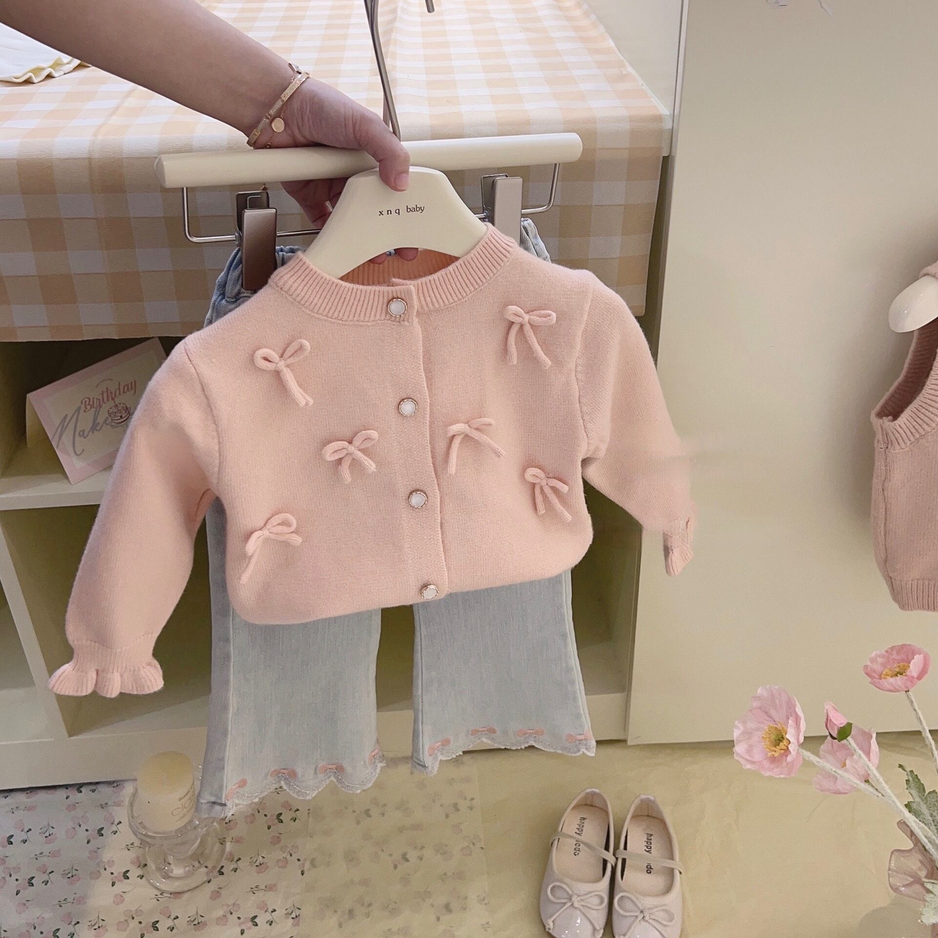 80-130cm】くすみピンクリボンカーディガン | ROSE AUAR KIDS and PET 