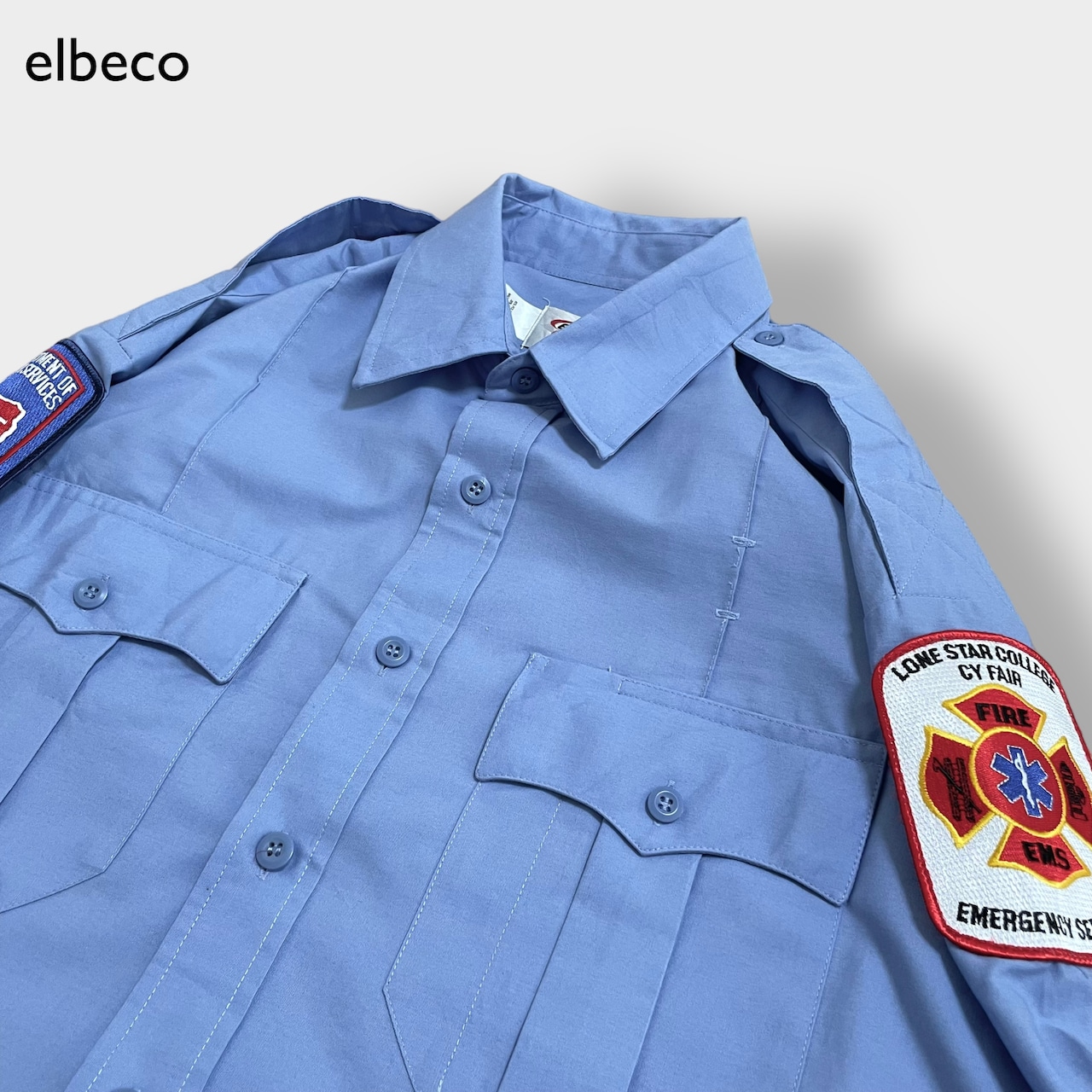 elbeco ワークシャツ エポーレット セキュリティ 消防隊 救急隊 レスキュー隊 ワッペン サックスブルー 2XL相当 US古着