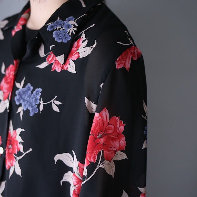 red × blue flower motif loose silhouette see-through shirt