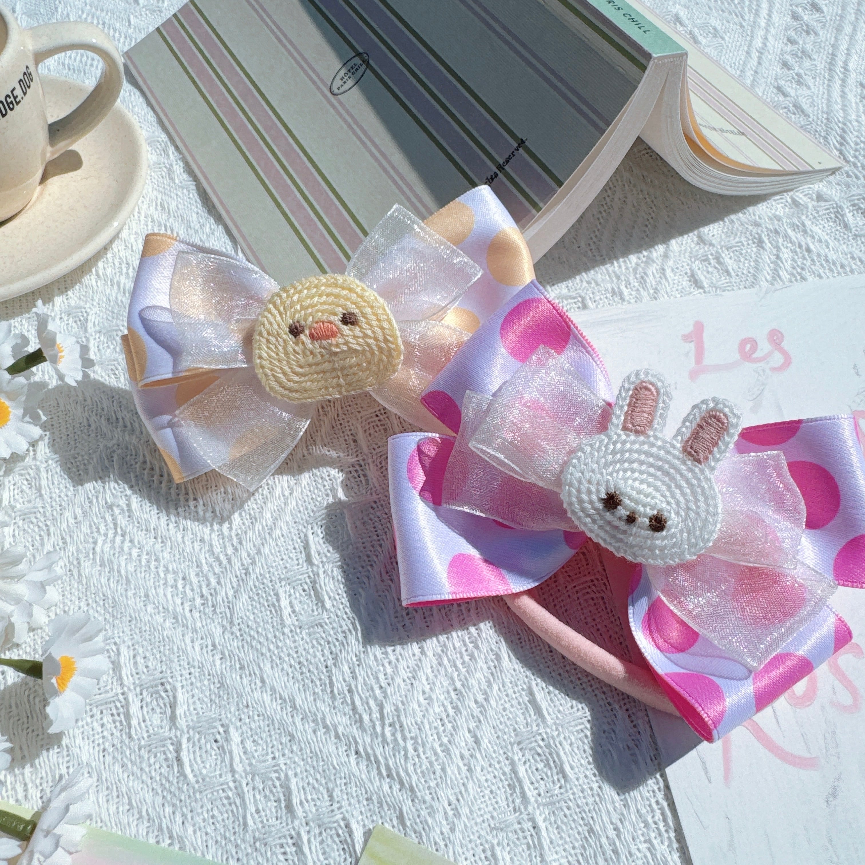 ひよことうさぎのドットリボンパッチン（バレッタ）