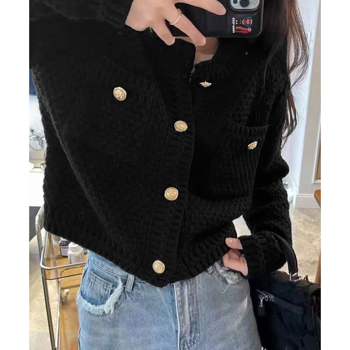 カーディガン ニット 長袖 レディース 秋冬 韓国 きれいめ 大人 カジュアル おしゃれ ゴールドボタン ショート丈 トップス 羽織り 大人可愛い 大人女子