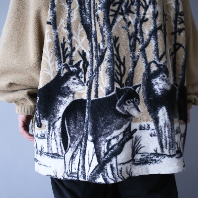 "狼" good animal and tree pattern over silhouette fleece jacket