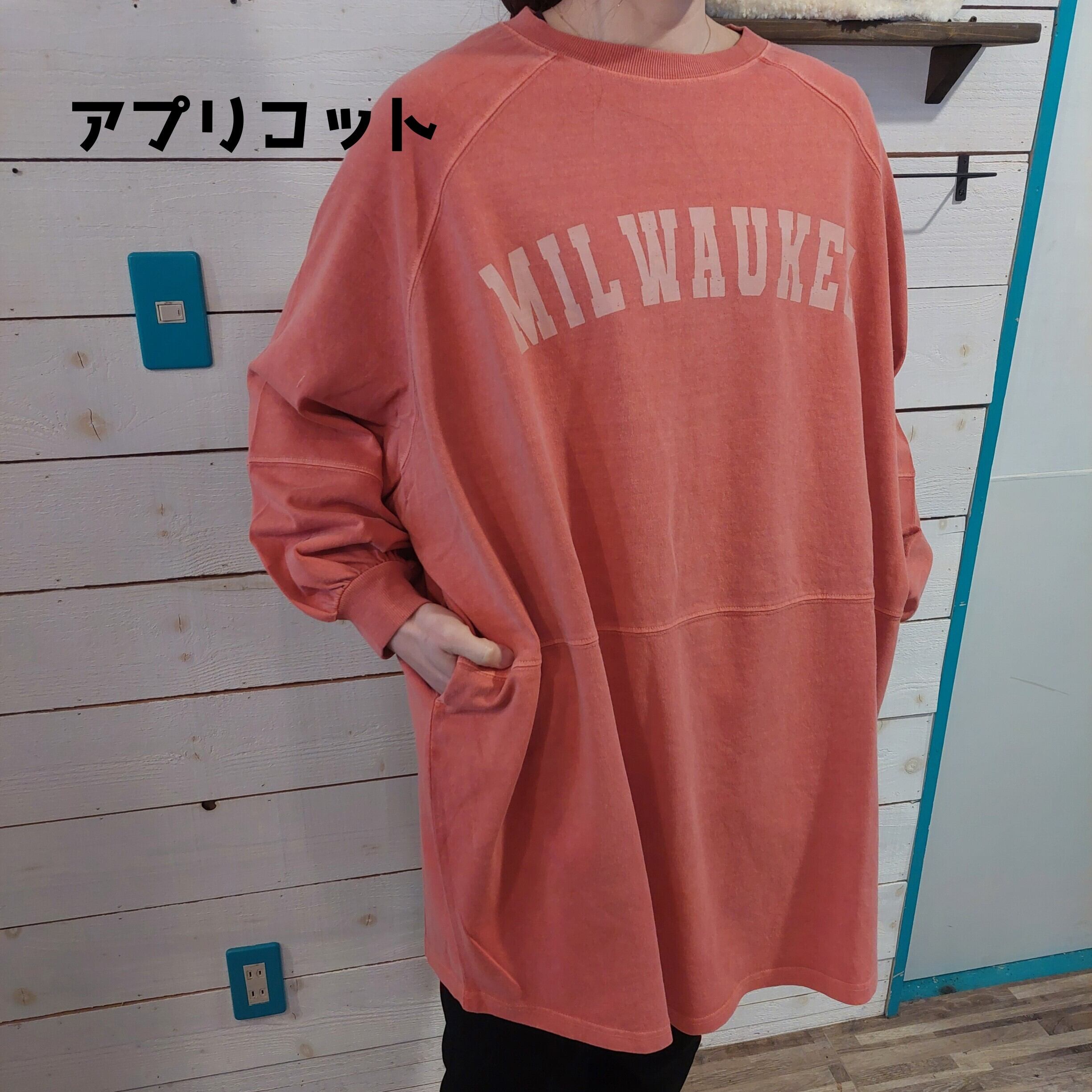 天竺ピグメントロゴプリント切替チュニック　2201　カットソー　長袖　フリーサイズ