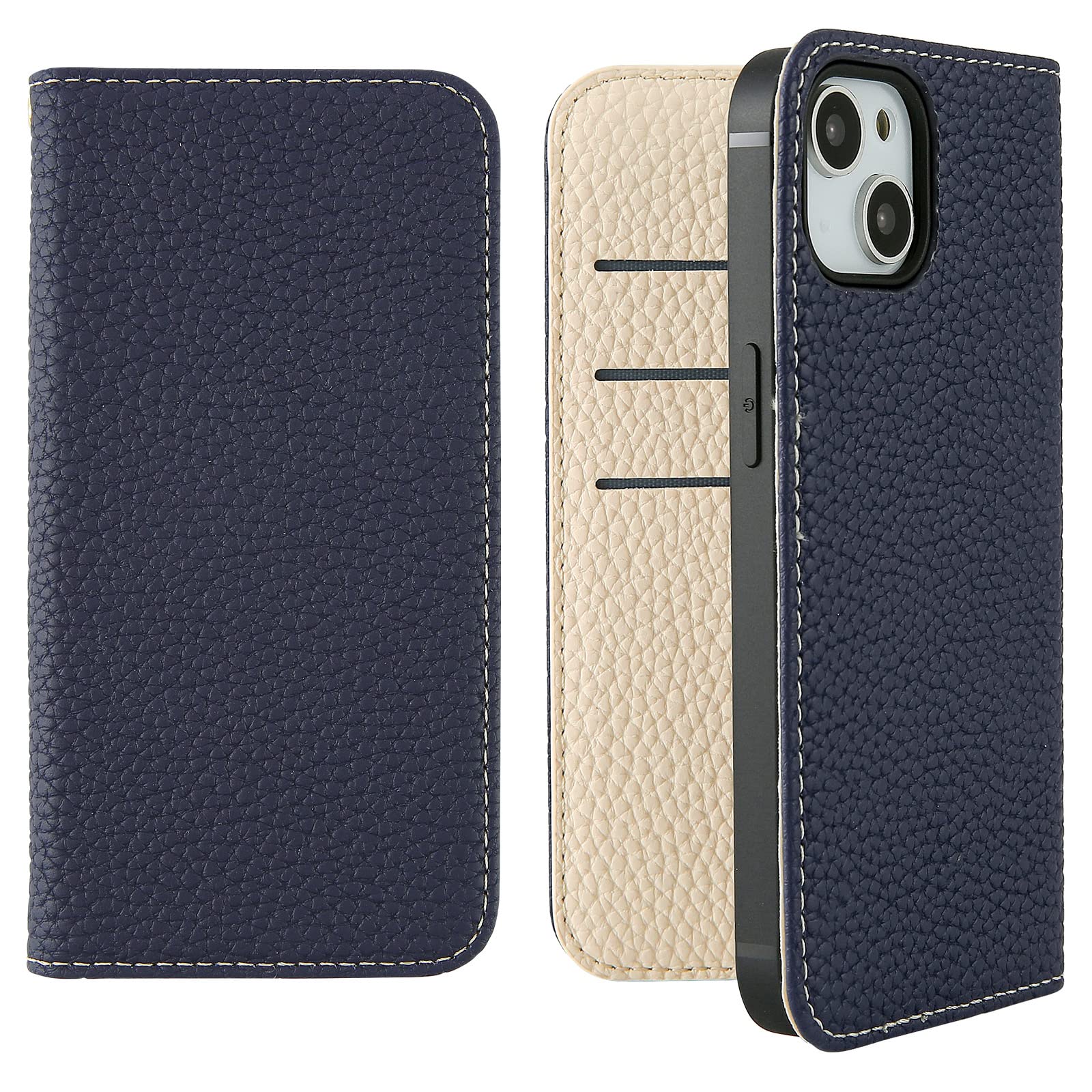 HanaRo iPhone14 用 ケース スマホケース 手帳型ケース カード収納 くすみカラー 携帯ケース ネイビー×アイボリー