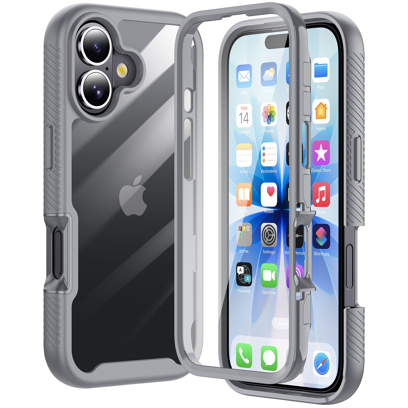 Aunote iPhone 17 ケース クリア 全面保護 ワイヤレス充電対応 米軍MIL規格 耐衝撃 スマホケース iPhone 17ケース 透明 カバー グレー