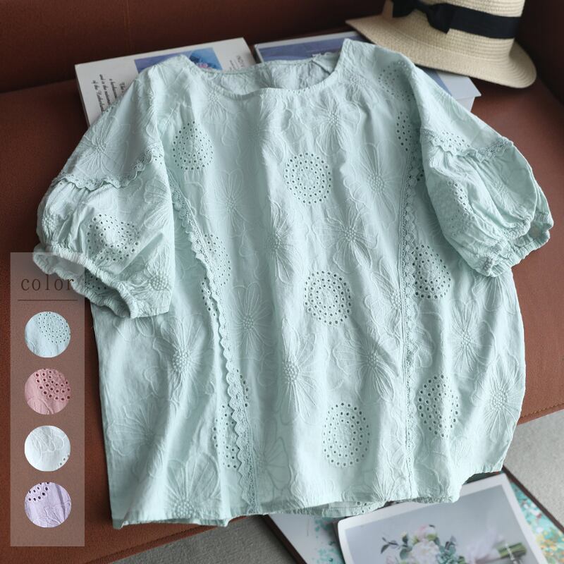 アイレットレースお花刺繍プルオーバーブラウス W1903