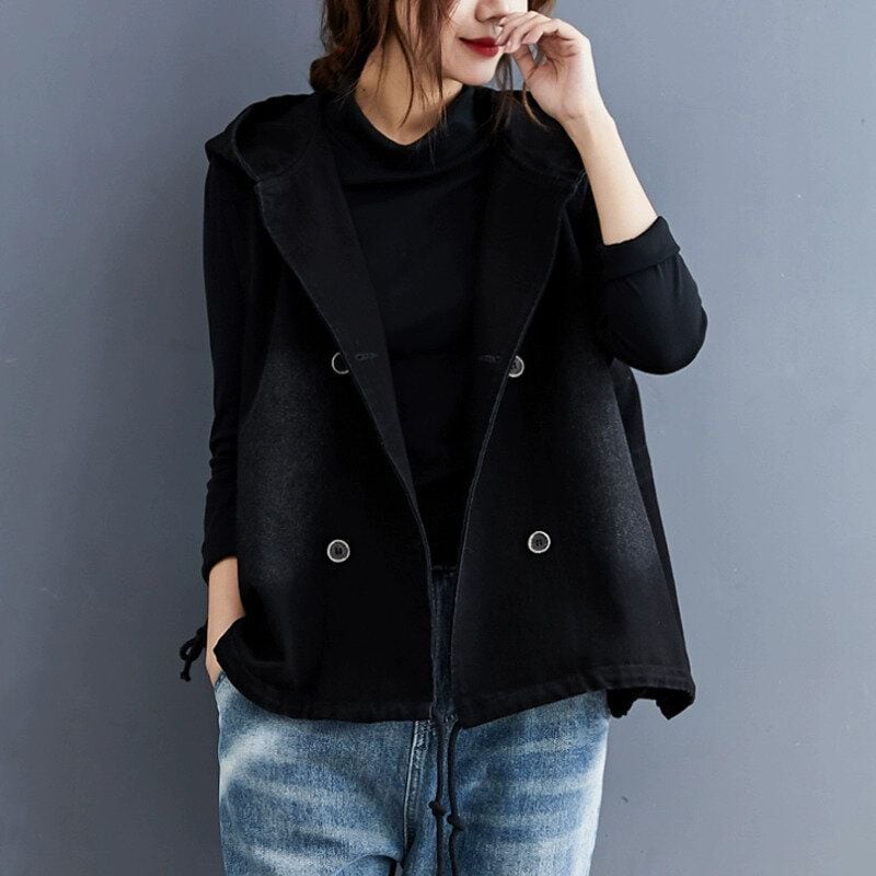 BLACK DENIM HOODED DOUBLE BREAST VEST JACKET 1color M-15010