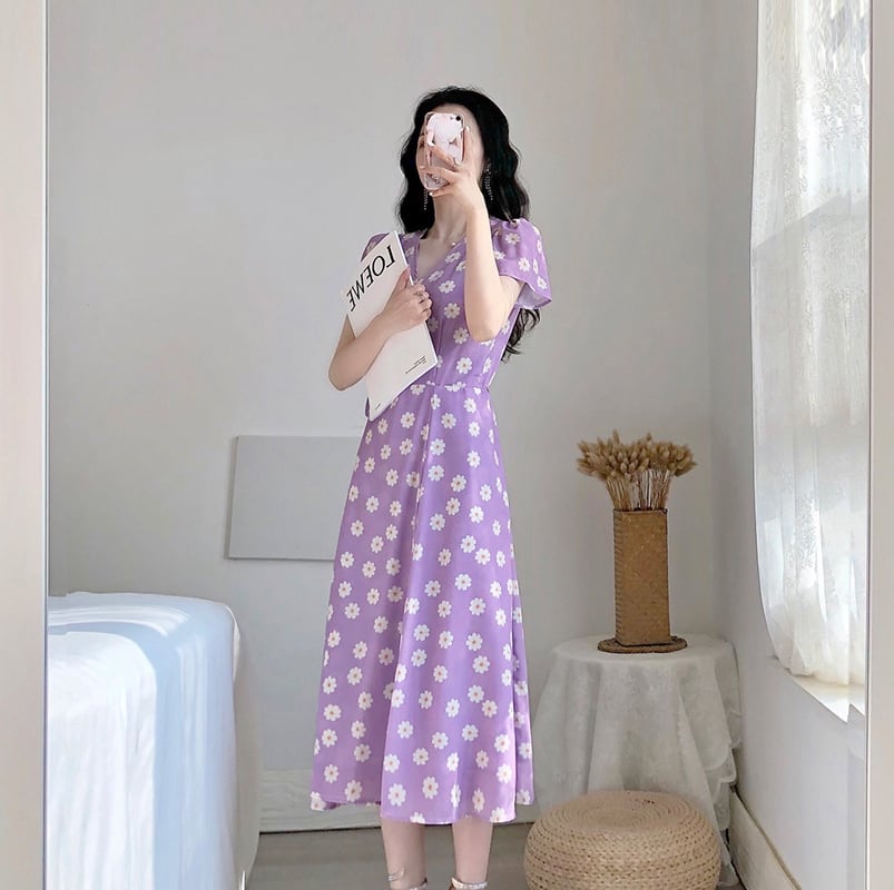 ロング丈ワンピース カジュアルワンピース レディースファション 普段着 デート 女子会 通勤 Xs S M L 気質良い 合わせやすい レトロ 清新 森ガール Vネック 花柄 パープル 紫色 プリント Elegant