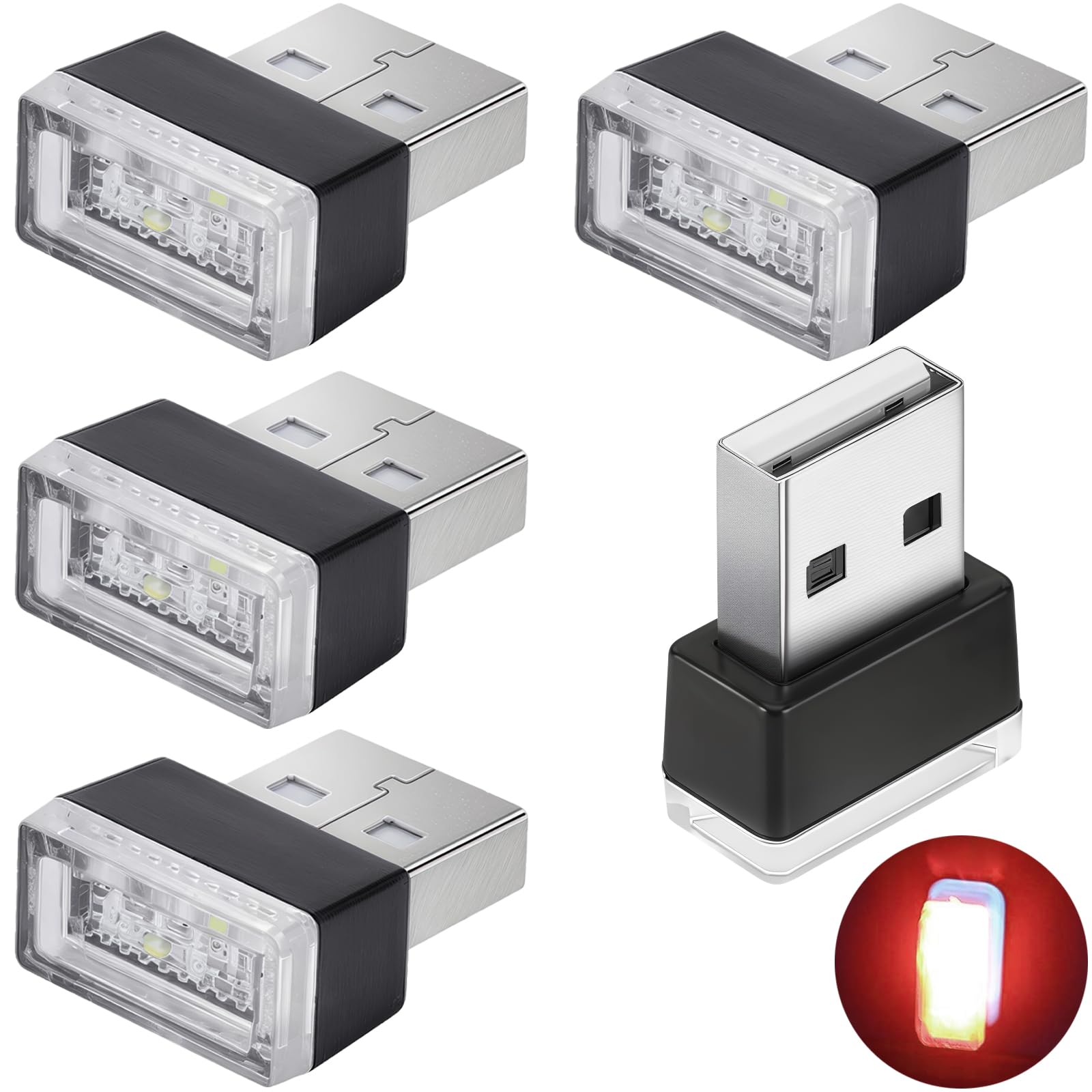 5個 雰囲気LEDライト、ミニUSBライト、USB雰囲気ライト、プラグイン5Vライト車、車内ライト、USB LEDライト 車、ほとんどのUSBインターフェース車両または機器に適しています (赤)