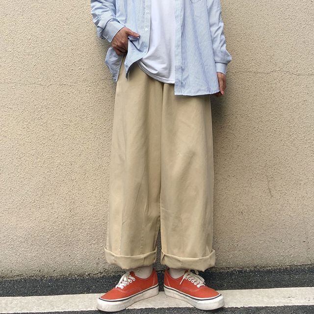 【予約販売】チノパン メンズ ワイド ハイウエスト ストリート ブラック ベージュ ルーズシルエット ダンス こなれ感 お洒落 韓国 トレンド 春 夏 秋 M/L/XL