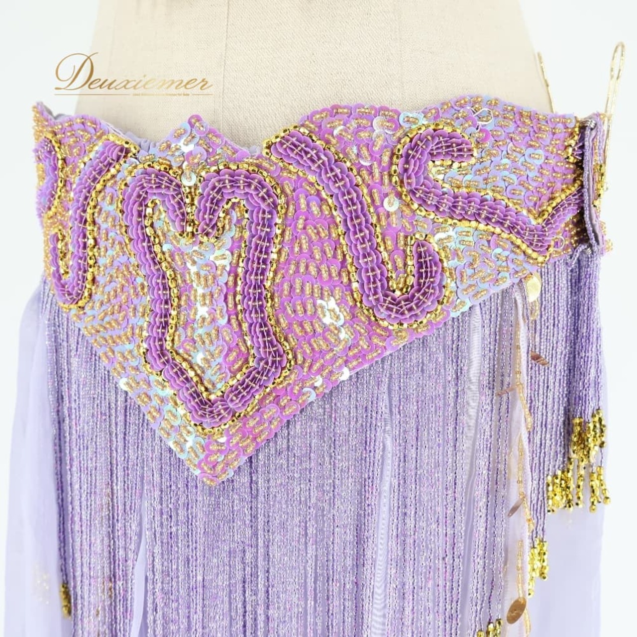 ベリーダンス オリエンタル 衣装 上下セット パープル系 トップス スカート ベルト チョーカー ベール アーム 紫 金 フリンジ 淡い 装飾 豪華 アーム飾り 腕飾り かわいい スリット 華やか ダンス衣装 イベント ステージ