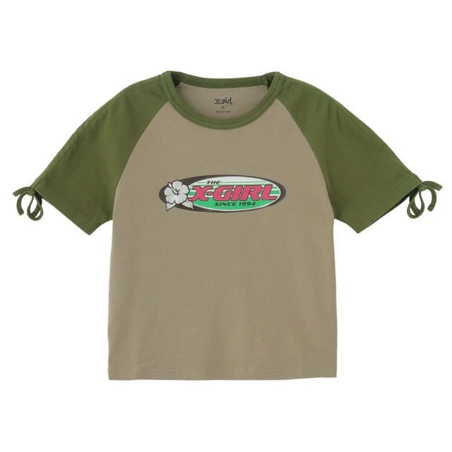 【X-girl】HIBISCUS OVAL LOGO RAGLAN BABY TEE / BEIGE【エックスガール】
