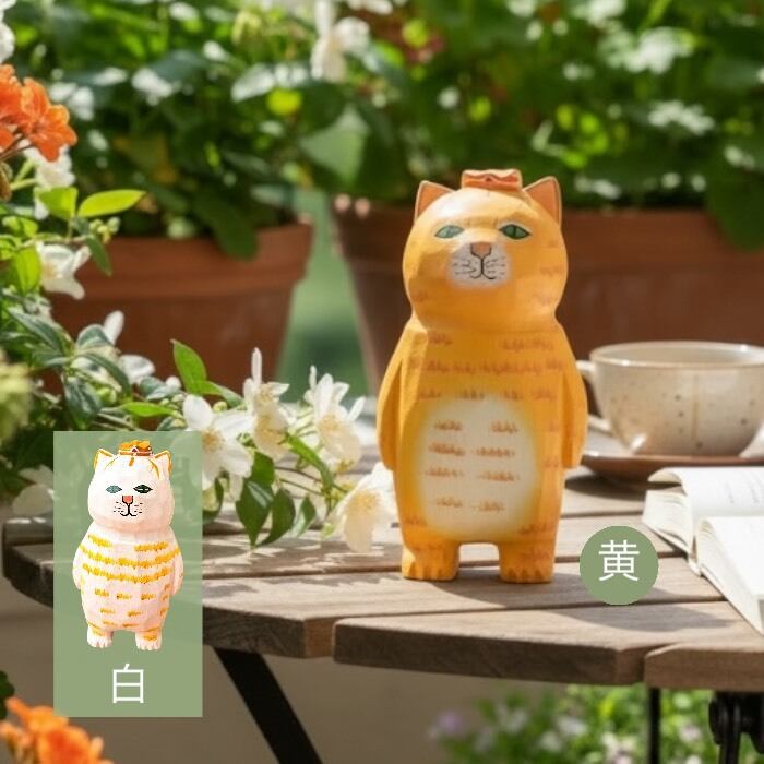 木彫りアニマル 猫 真顔 手描き かわいい ナチュラル インテリア 木製