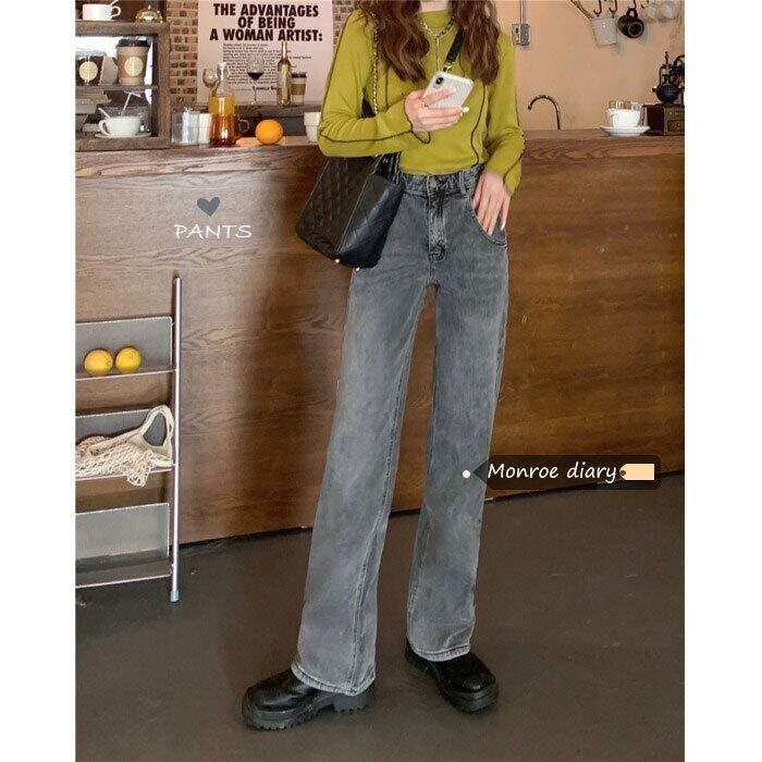 ルーズパンツ ハイウェストウェストスリムグレージーンズ オータムウィンター 秋物 冬物 スモーキー モンロー17638946274