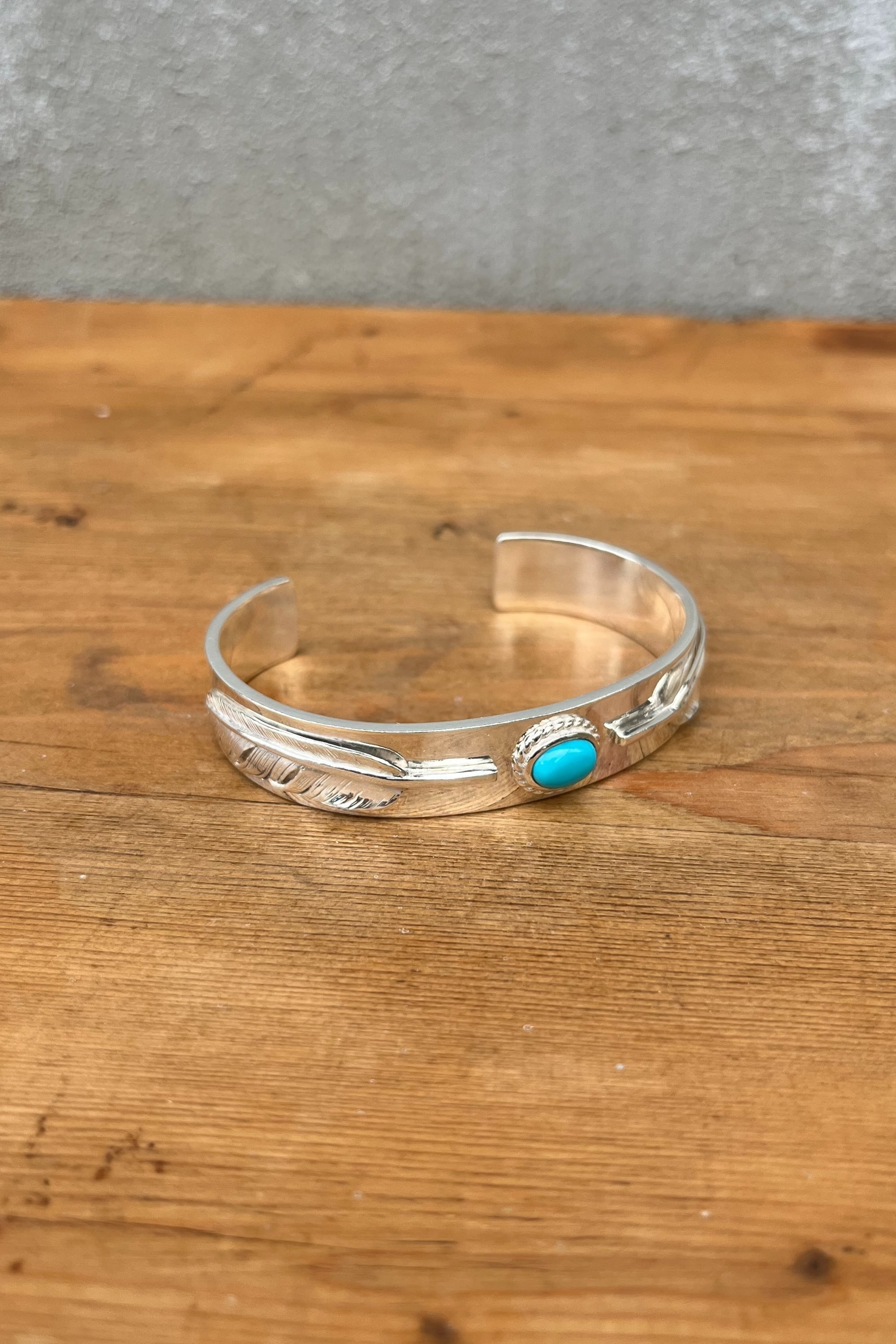 銀縄ターコイズ付フェザー平打ブレス