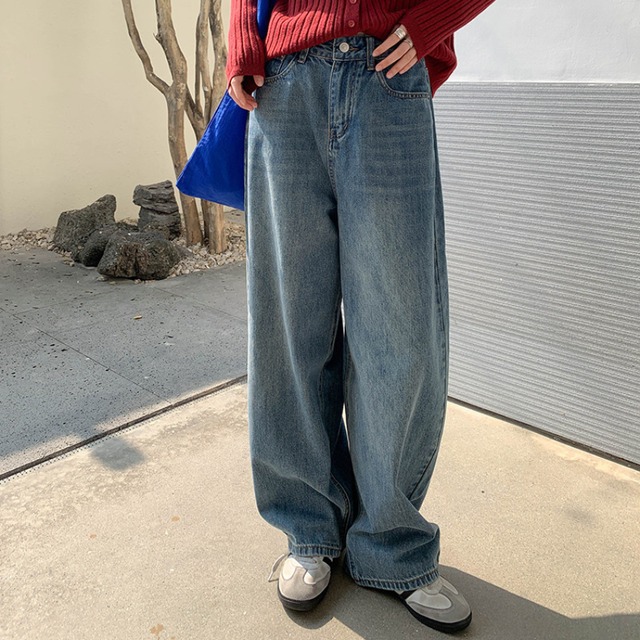 wide straight denim pants　J00491