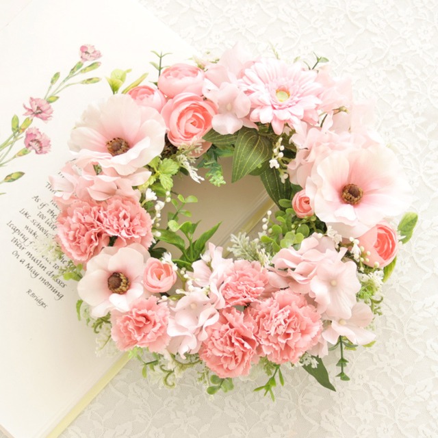 春色カーネーションのナチュラルフラワーリース