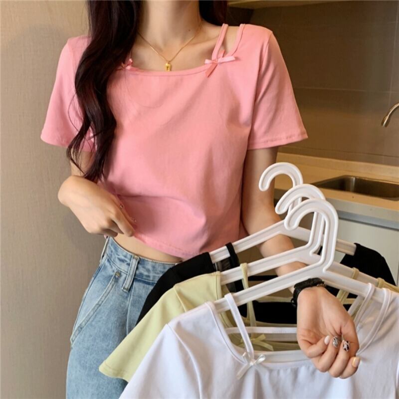 ストラップレスリボン半袖スリーブスリムTシャツ トップス レディース ショート ハーフスリーブ 大人ガーリー スウィート キュート カジュアル スクウェア ハンチェンe40727656510