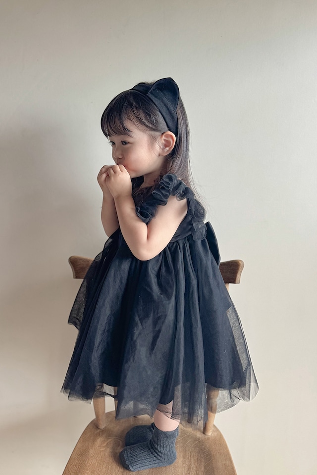 【今だけ‼︎モニター価格】黒猫ヘアバンド付SET ❤︎ back ribbon tulle dress〈Black〉