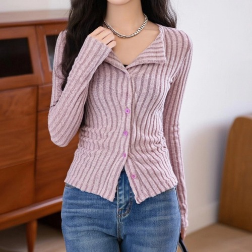 2色／ストライプリブニットトップス ・75130