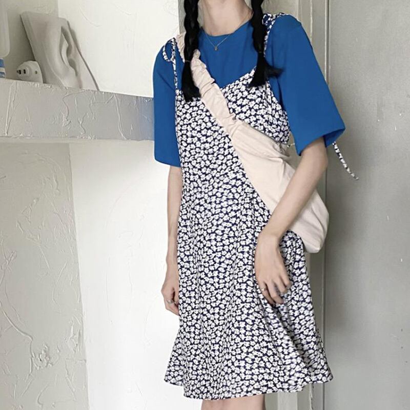 Vネックフローラルルーズスカート サマースタイルドレス 大人ガーリー スウィート キュート カジュアル 夏物 花柄 萌量不足88778098191