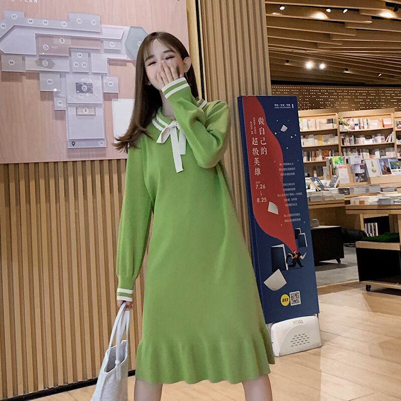 【新作】【送料無料】 マタニティウェア2019秋冬ファッションレースラペルコア-膝の上に編まれた紡績糸プラスサイズのマタニティドレス-アリババ 大きめサイズ オータム 秋物 ウィンター 冬物 expec237377986658