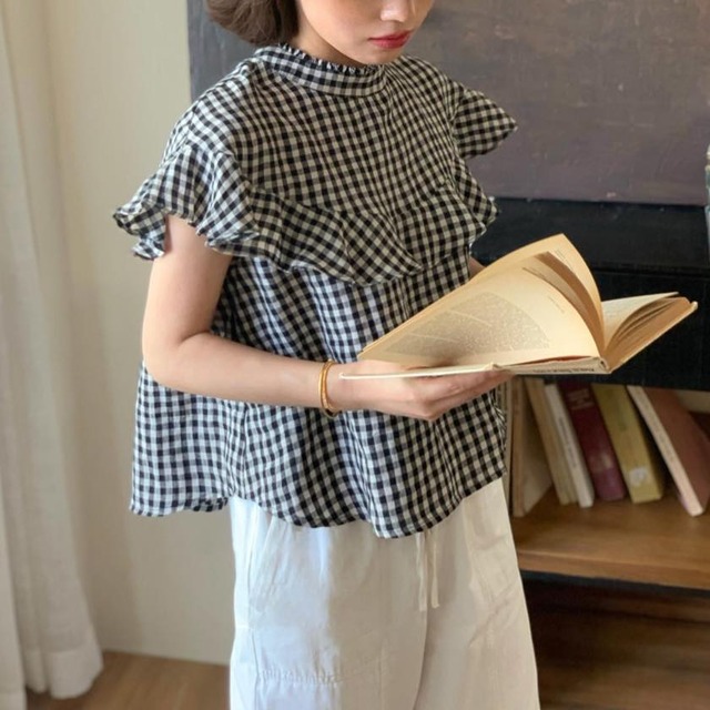 gingham check frilled blouse