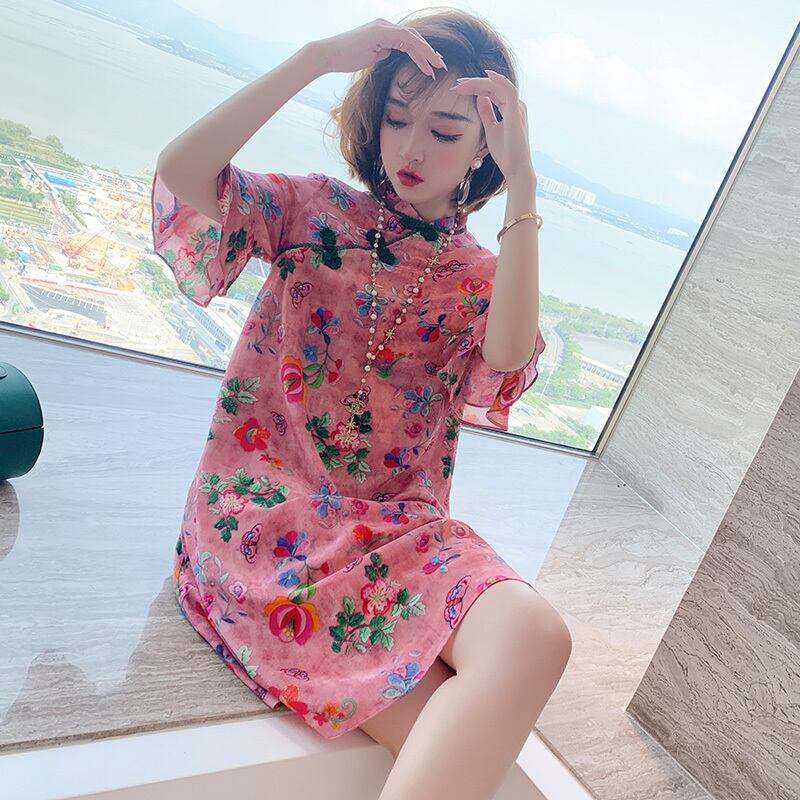 スタンダードプリントスタンドカラーカラーボタンルーズドレス スプリング レトロ 春物 シルク MIUCO86112089825