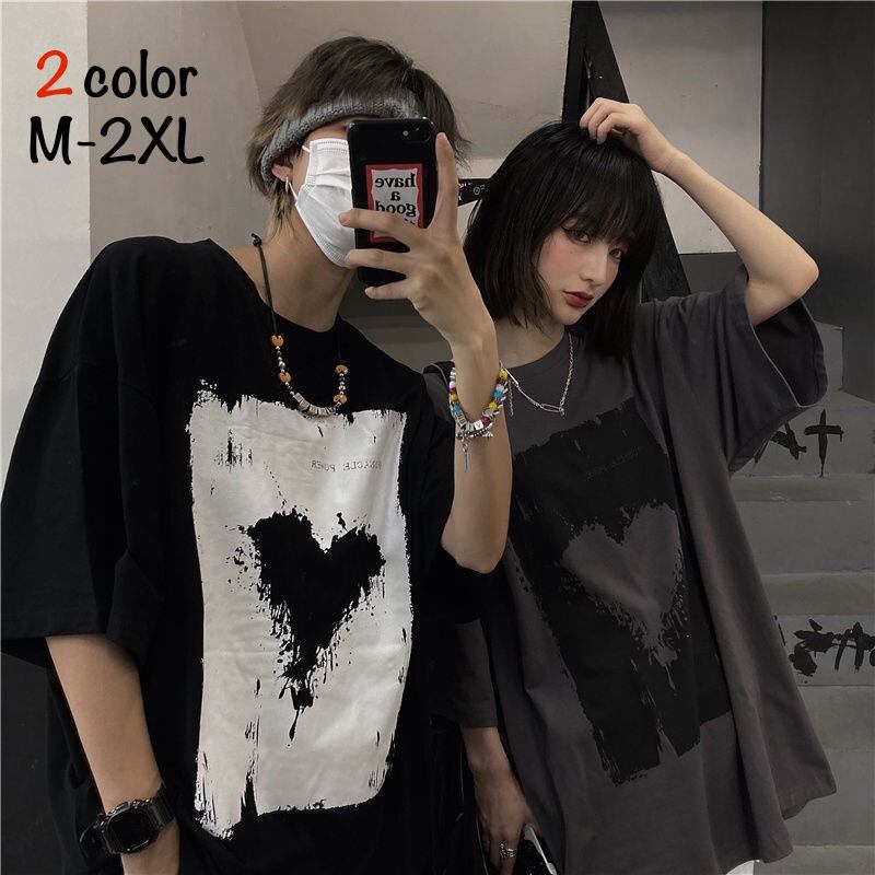 Tシャツ 半袖Tシャツ トップス レディース メンズ ユニセックス 半袖 ラウンドネック プルオーバー ハート ルーズ レトロ カジュアル きれいめ 可愛い お洒落 普段使い 日常使い 普段着 お出かけ デート 女子会 休日 夏 グレー 灰色 ブラック 黒 M L XL 2XL 10代 20代 30代 大人 大人可愛い コーデ コーディネート 韓国 ファッション オルチャン お取り寄せ 送料無料 hll-1212