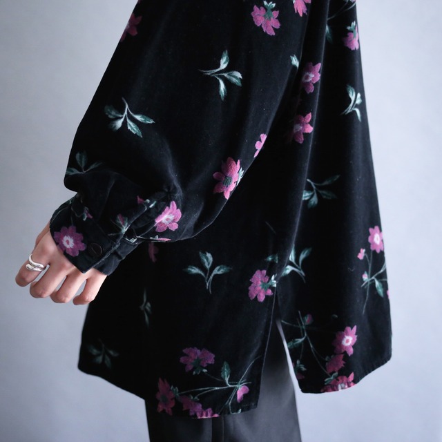 black base art flower pattern loose cotton velours shirt