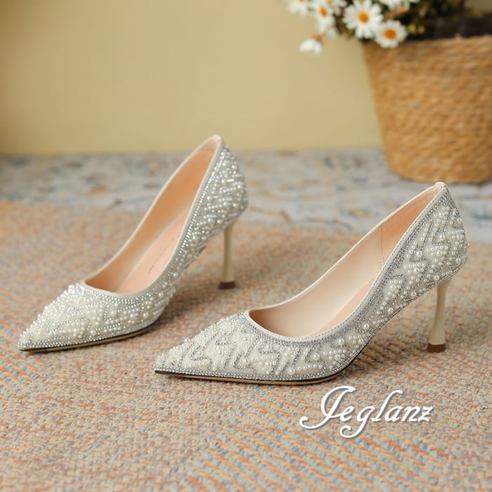 パーティ パンプス ハイヒール パール ビジュー ポインテッドトゥ ♪(M7199)χ