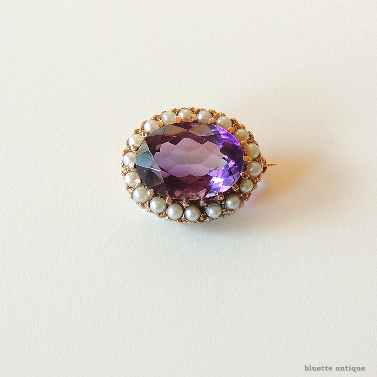 英国ヴィンテージジュエリー 9ctゴールド 天然アメシスト 真珠 レースピン ブローチ(ソーティングメモ付)