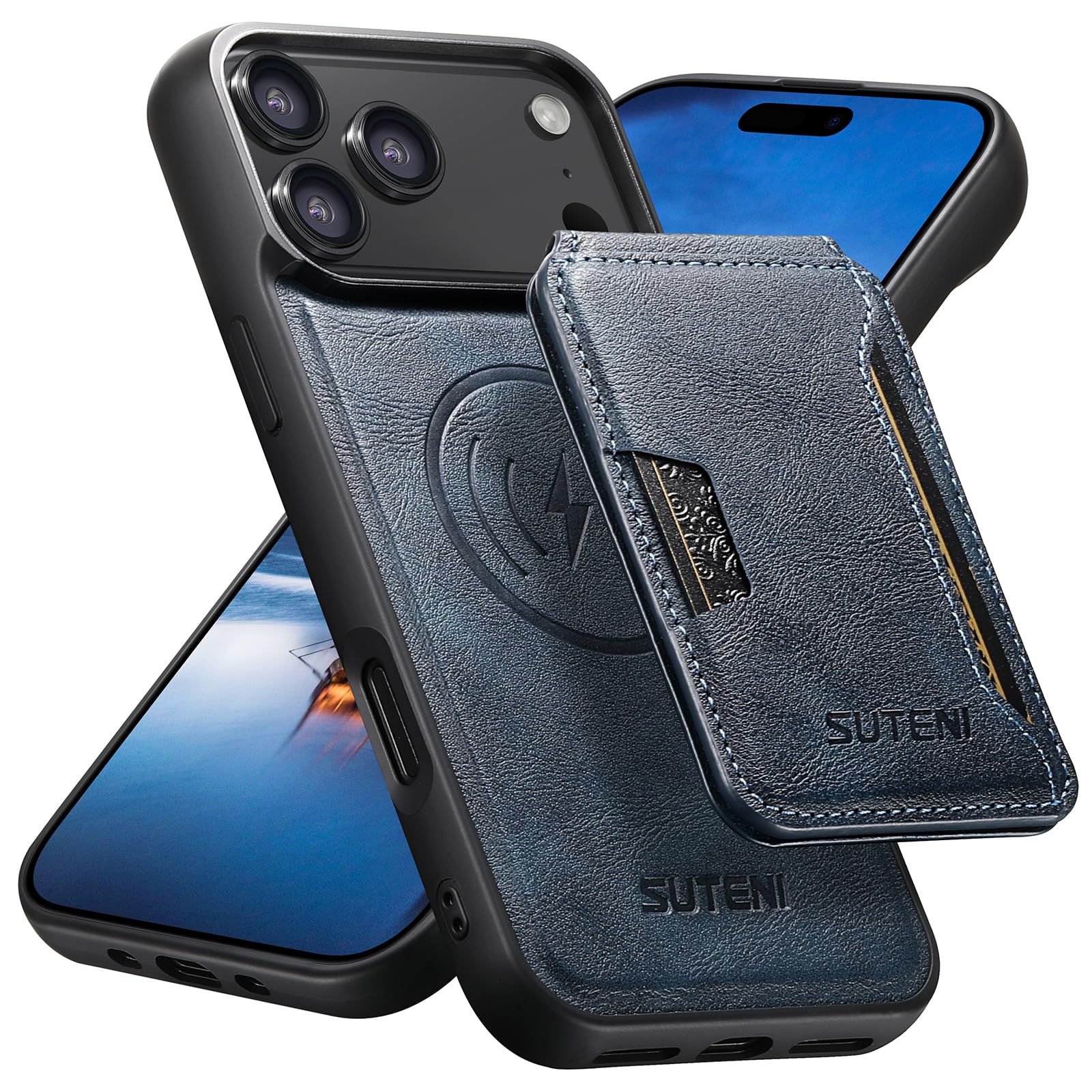 JCGOOD iPhone18Pro Max ケース MagSafe対応 iPhone17Pro Max ケース ワイヤレス充電 背面カードケース付き 分離式 カード収納 スタンド機能 磁気吸着 取り外し可能 革 レザー スマホケース 耐衝撃保護 携帯ケース アイホン17/18プロマックス兼用 ブルー
