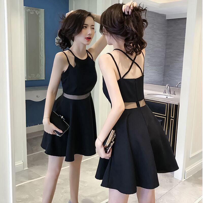 韓国 服 レディース ワンピース 黒 ノースリーブ パーティードレス 黒  