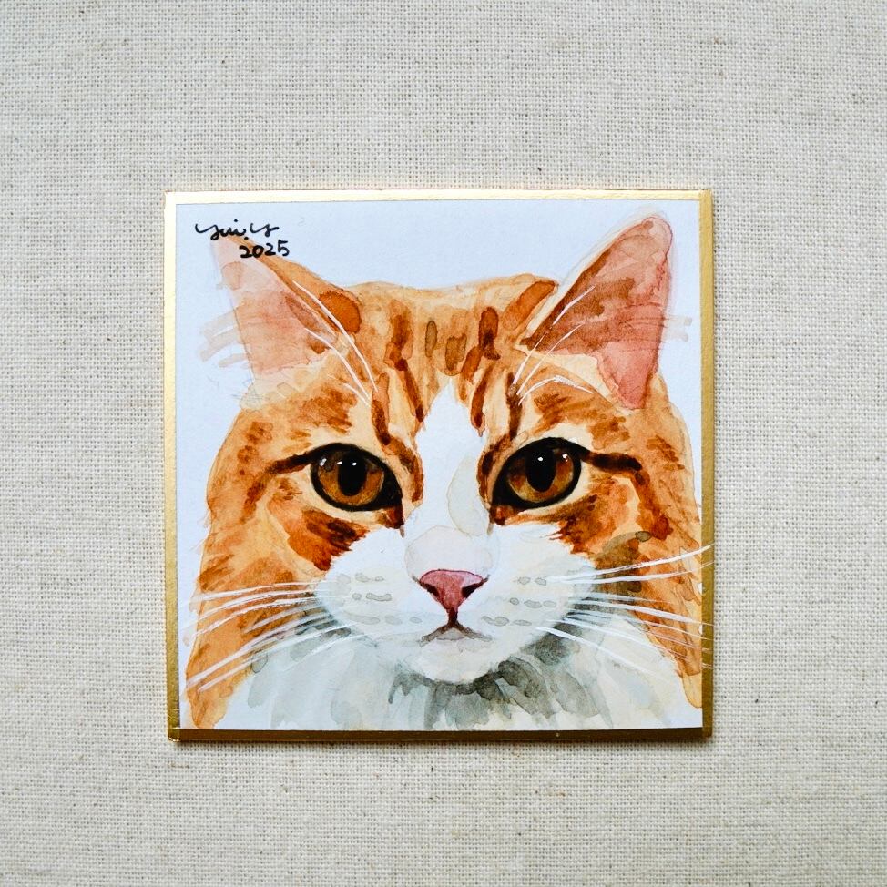 猫の絵 383 水彩画 原画 ミニ色紙 キジトラ | Forest cat