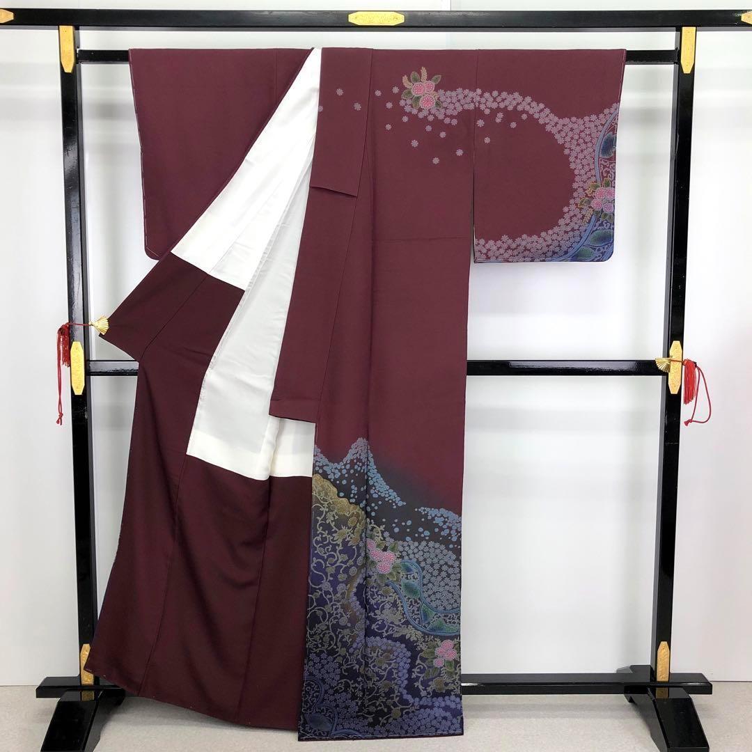 訪問着 美しい絞り染模様 花唐草模様 赤紫色 金彩 トールサイズ K-2937