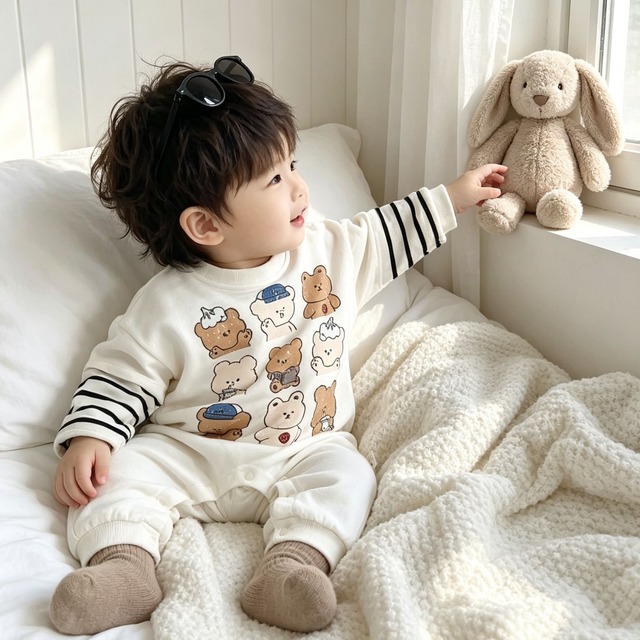 【BABY】クマプリントロンパース