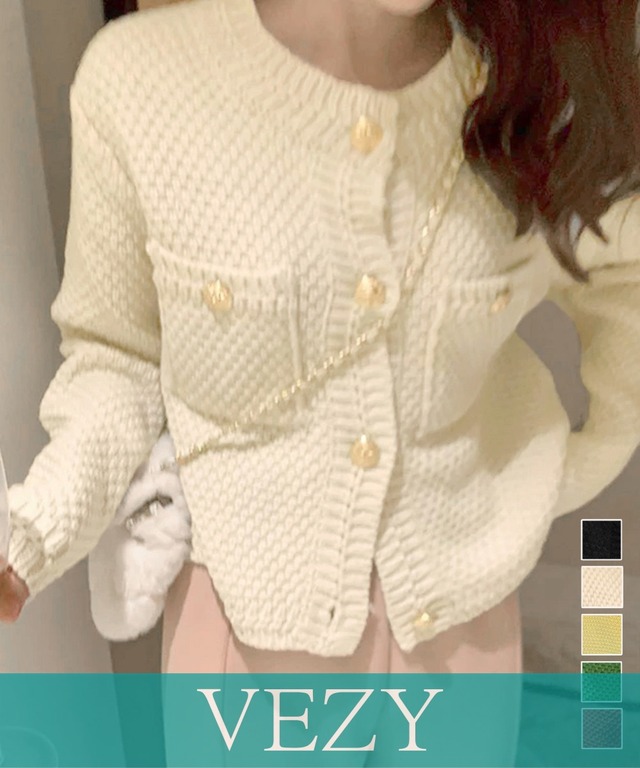 ゴールドボタンニットカーディガン 韓国風 ショート丈ニットカーディガン春秋 お洒落ニットトップス 大人可愛い長袖羽織り クルーネックきれいめカジュアル ニット トップス セーター VEZY ベジー ItemNo.【23592674】
