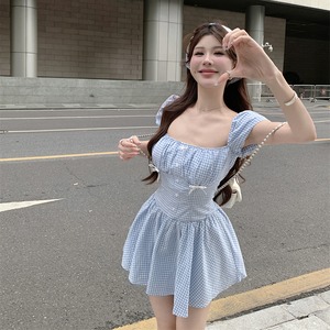 ミニドレス カワセクシー リボン Aライン 着痩せ 姫様 パフスリーブ XH2-SM-780398475278