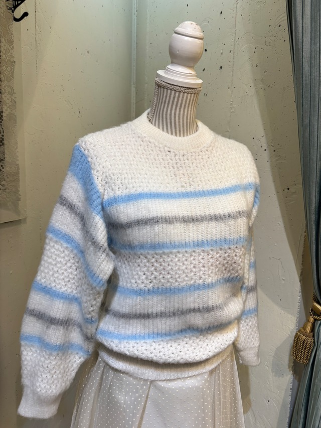 70’s 80’s gray × blue border white sweater【dead stock】
