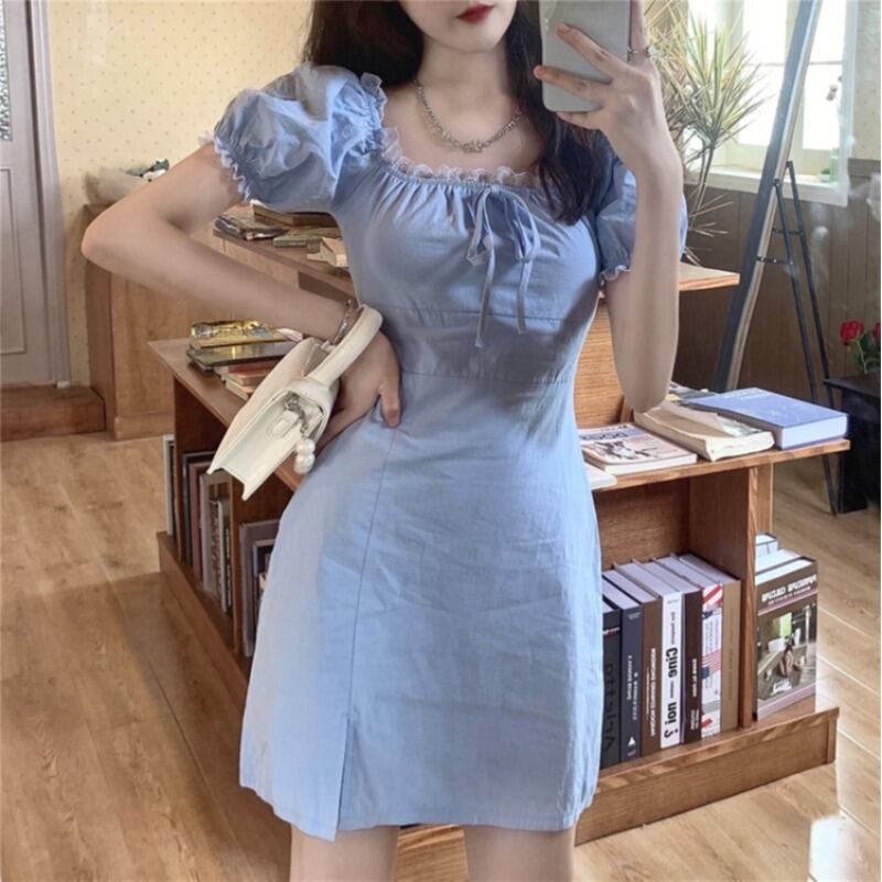 スリーブドレス サマーカラーレースウェストAラインショートスカート スタイル 夏物 スクウェア ドラファッションホール16179394420