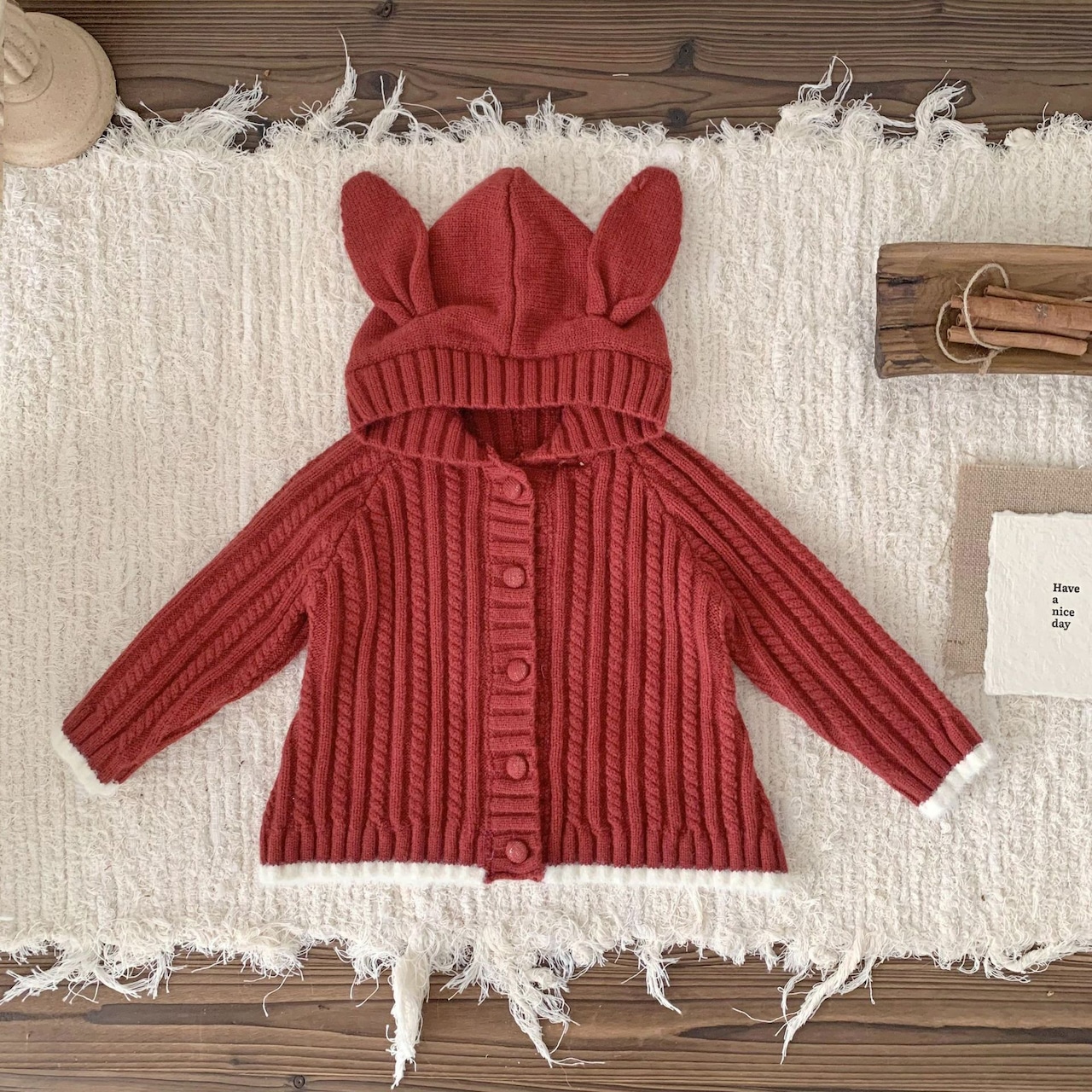 80【即納】うさ耳ニットカーデ red - Cutemily プチプラセレクト -【秋冬物 輸入子供服 子供服 ガーリー 女の子】