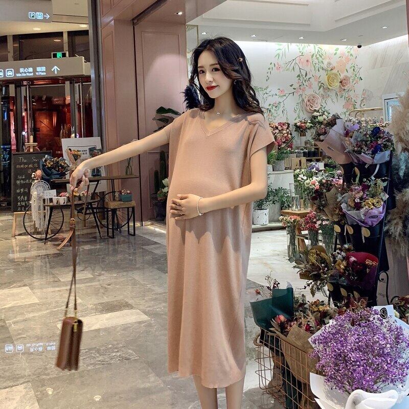【新作】【送料無料】 1051＃ビスコースVネックルーズマタニティドレスサマーストレート服妊婦妊娠 夏物 AL expec386293666086